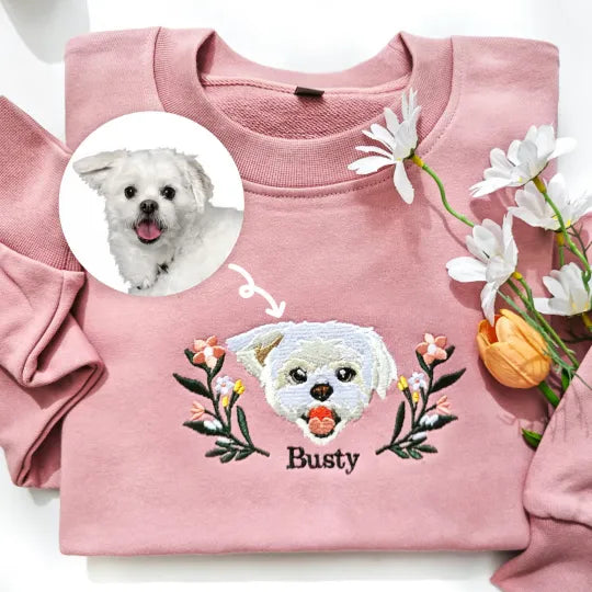 Custom Embroidered Sweatshirt With Pet Portrait Flower | for Pet Lover