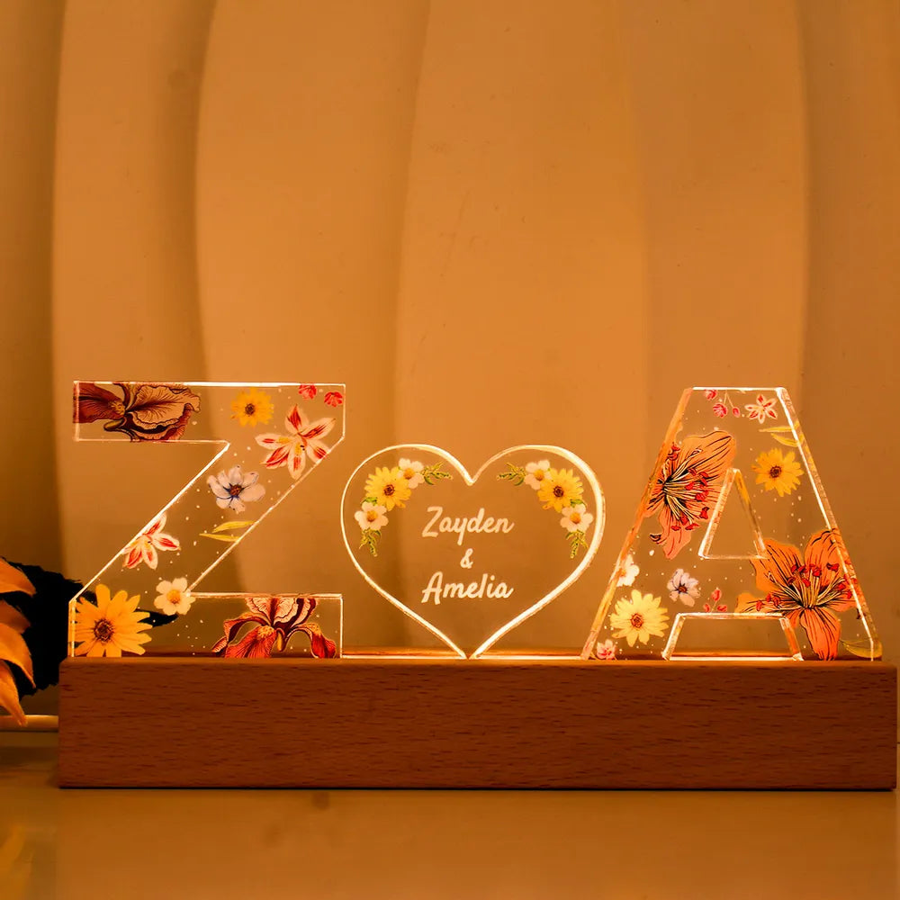 Couple Initials Floral Theme Anniversary Gift Personalized Acrylic Block LED Night Light
