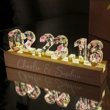 Couple Engagement Anniversary Date Flowers Personalized Custom LED Night Light, Gift for her, Gift for him