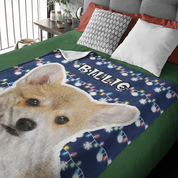 Personalized Snowflake Colored Christmas Lights Dog Cat Photo Throw Blanket with Name