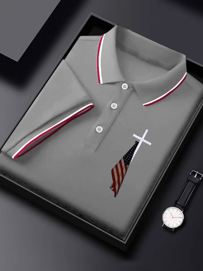 Men's  Flag Cross Print Polo Shirt