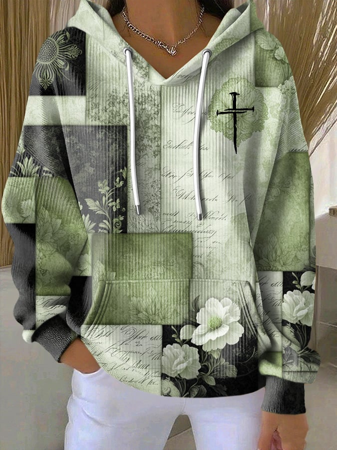 Women's Casual Retro Color Block Contrast Print Faith Texture Hoodie