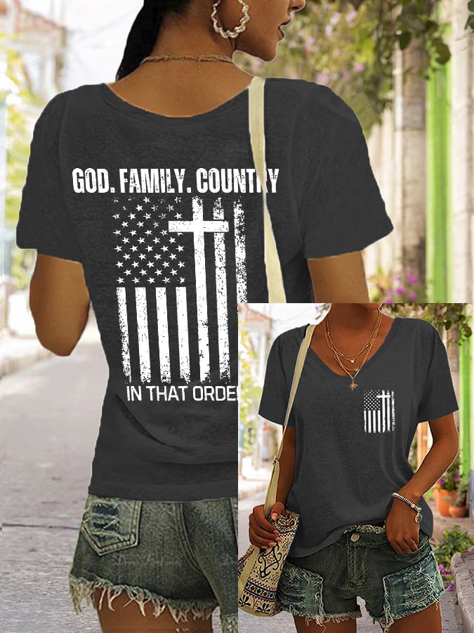 Women's God Family Country In That Order Print T-Shirt