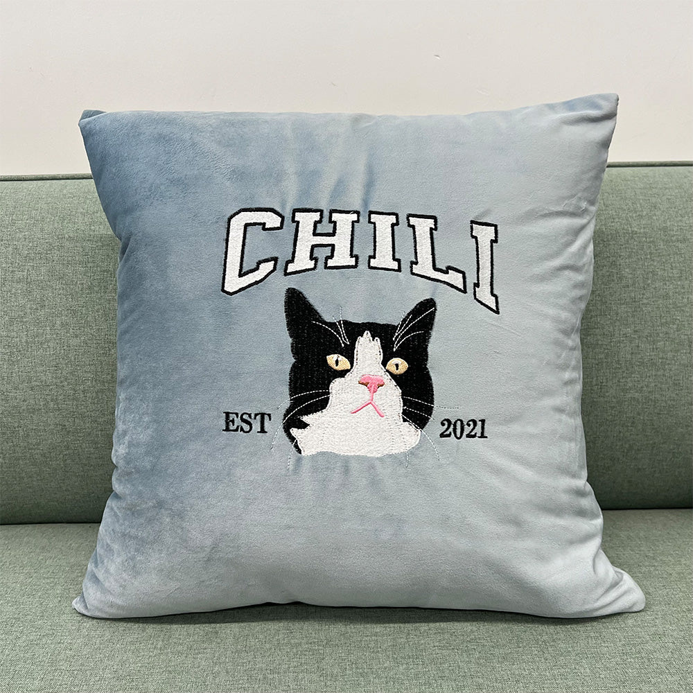 Custom Embroidered Pet Portrait Pillow Cushion With Pet Name, Pet Lover Gift