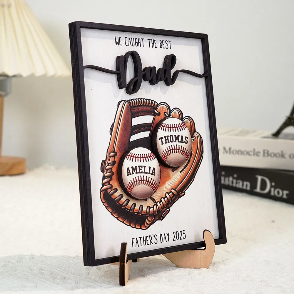 Personalized 2-Layered Wooden Plaque, Father’s Day Gift We Caught The Best Dad Baseball, Custom Kid's Name