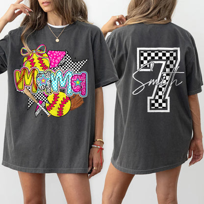 Personalized Softball Mama Pink Leopard Checkered Pattern Cheer Shirt