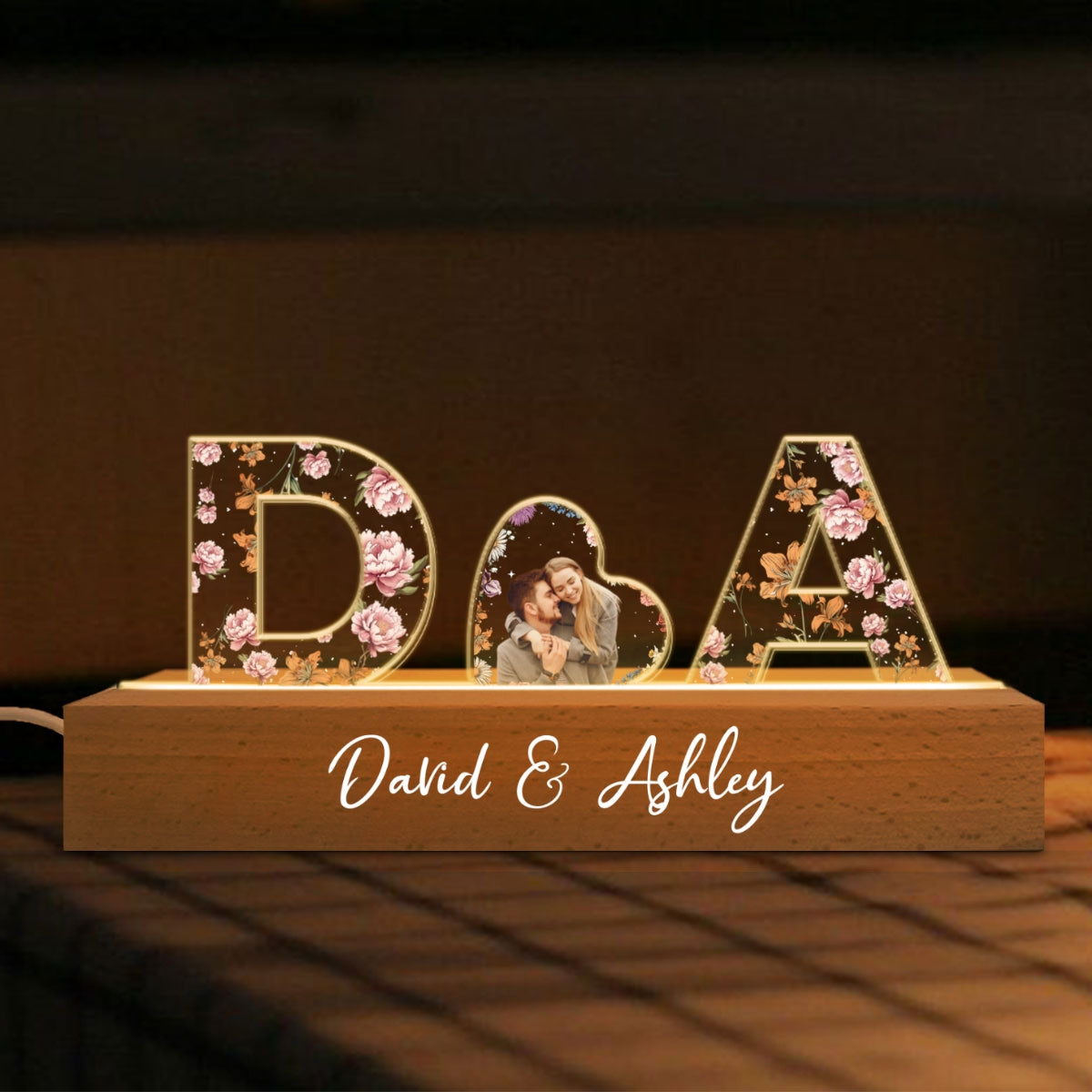 Initial Letters Couple Birth Month Custom Flower Printed LED Night Light, Anniversary Valentine's Day Gift for her & for him, Photo Upload