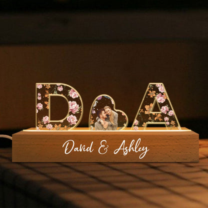 Initial Letters Couple Birth Month Custom Flower Printed LED Night Light, Anniversary Valentine's Day Gift for her & for him, Photo Upload