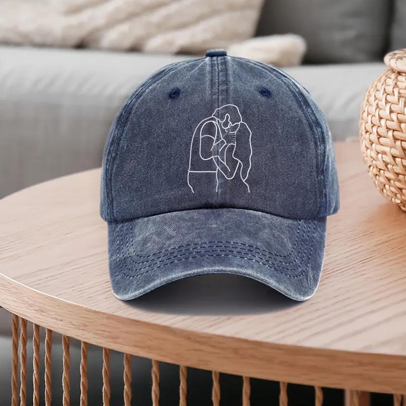 Line Art Portrait Embroidered with Roman Numerals Date on Dad Hat
