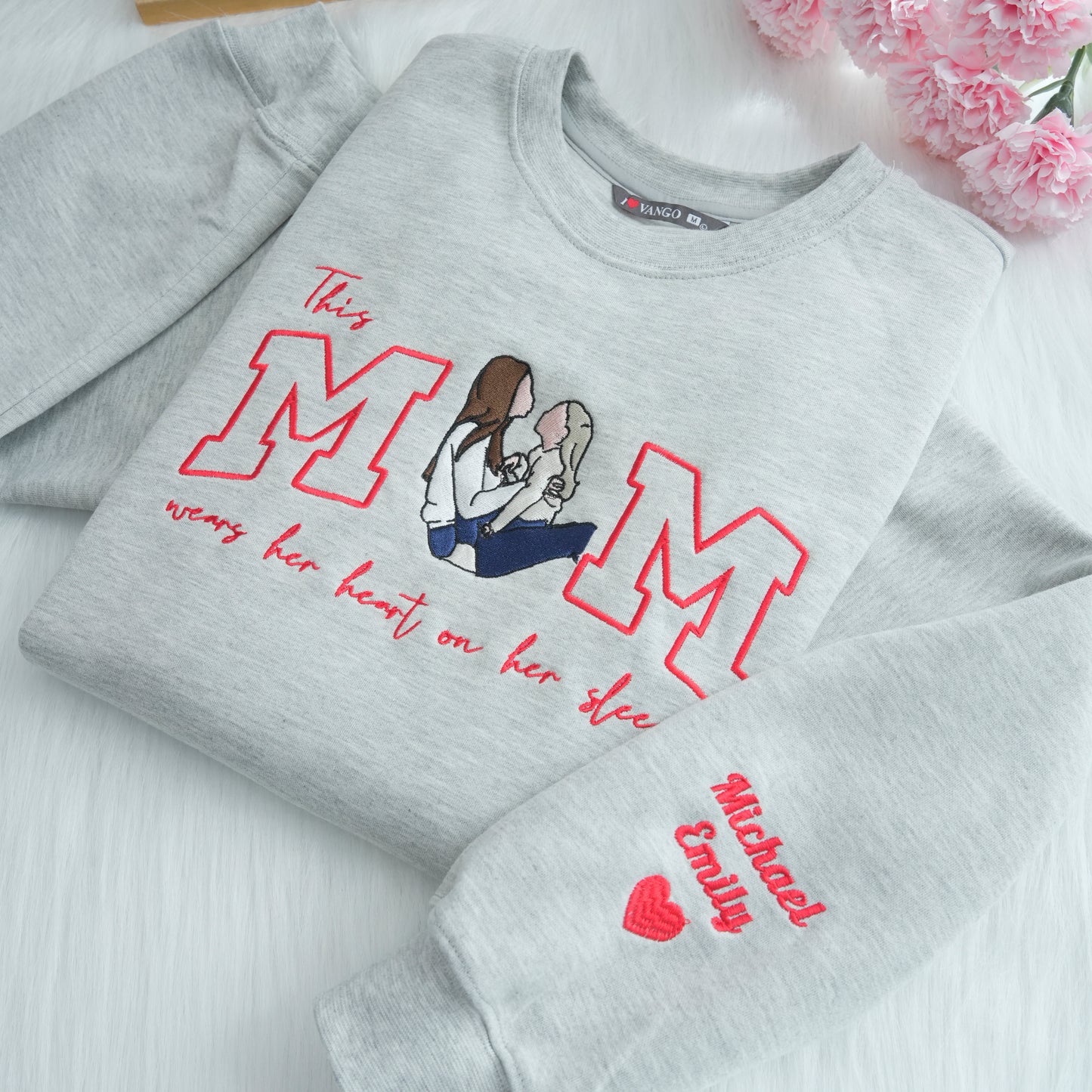 Mom Wears Her Heart on Her Sleeves - Custom Thread Mama Sweatshirt with Photo Gift for Mom