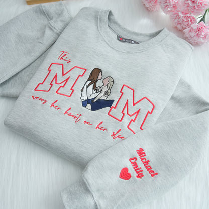 Mom Wears Her Heart on Her Sleeves - Custom Thread Mama Sweatshirt with Photo Gift for Mom
