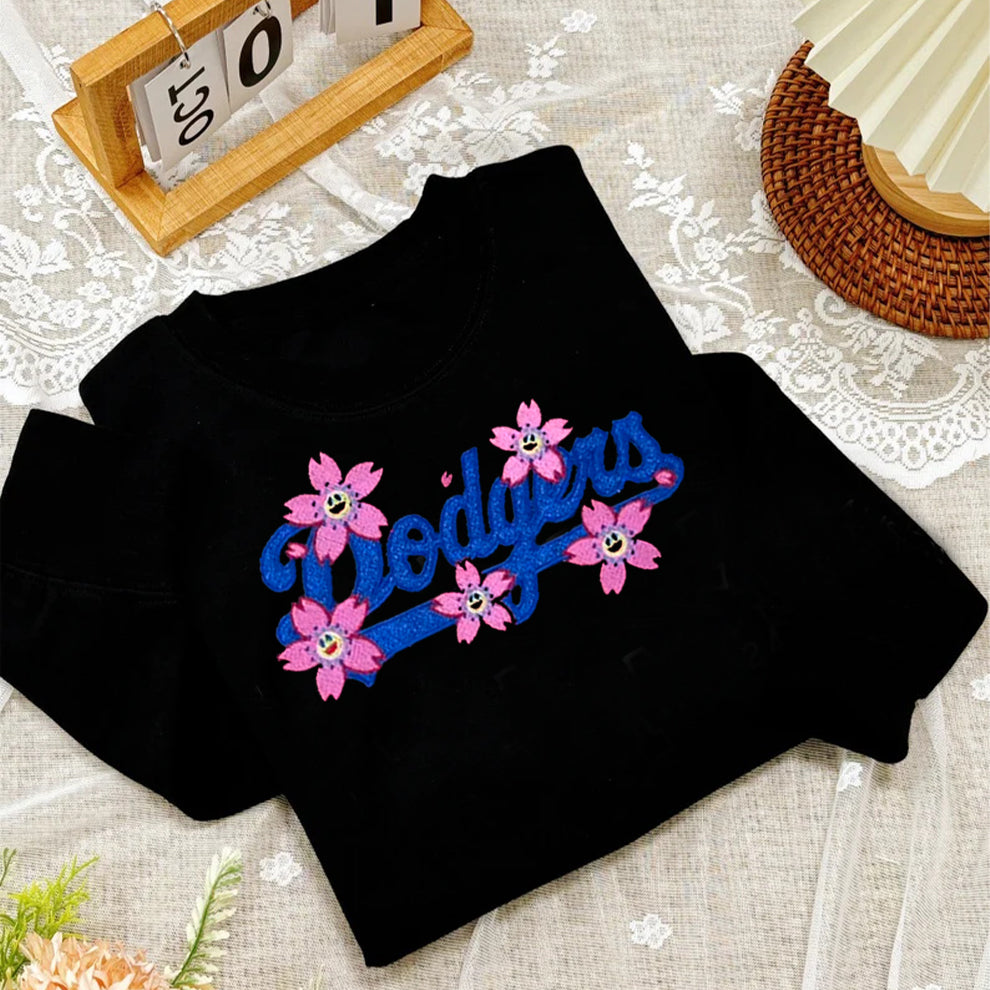 Custom Embroidered Glitter Baseball Team With Flower Sweatshirt