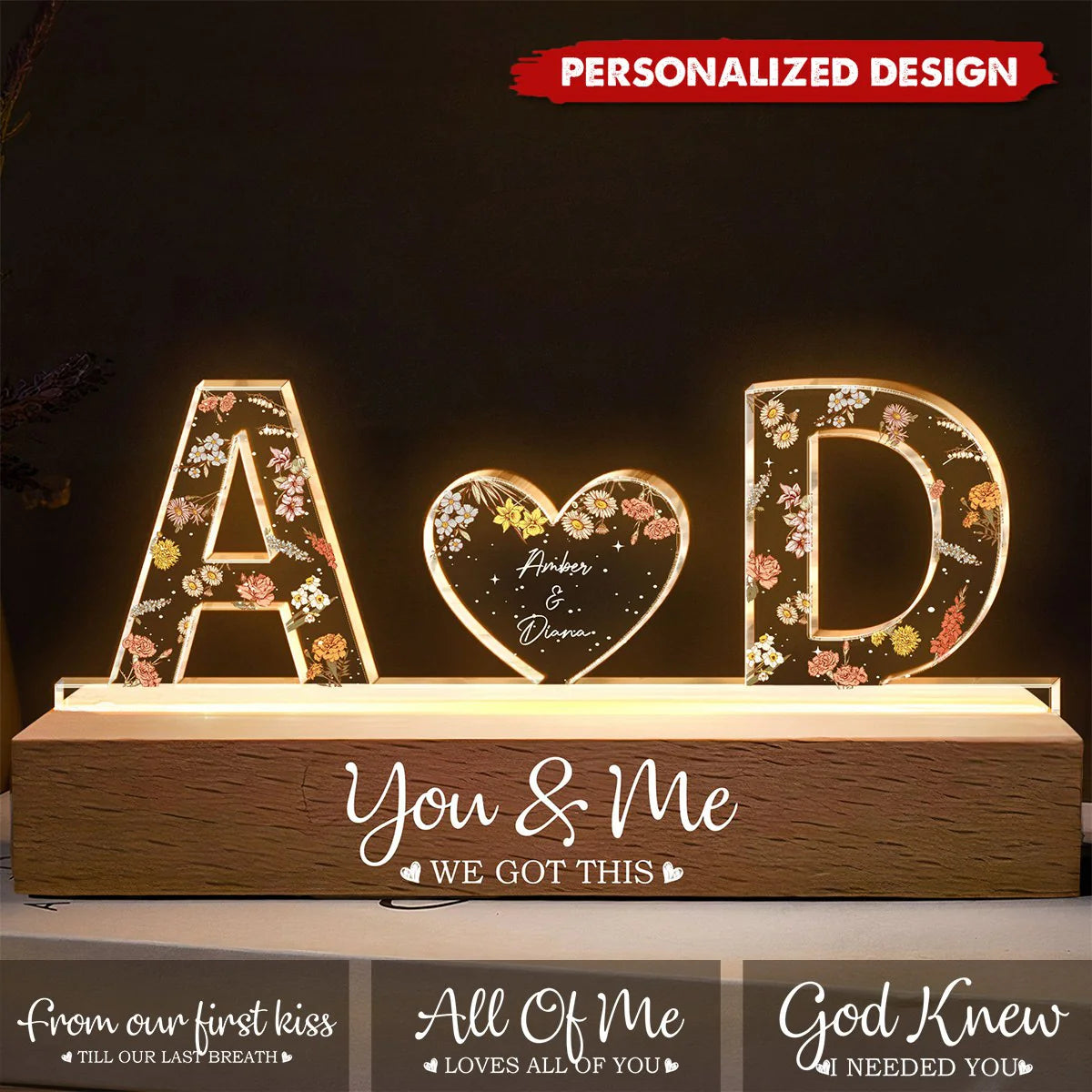 Couple Initials Floral Theme Anniversary Gift Personalized Acrylic Block LED Night Light