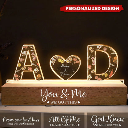 Couple Initials Floral Theme Anniversary Gift Personalized Acrylic Block LED Night Light