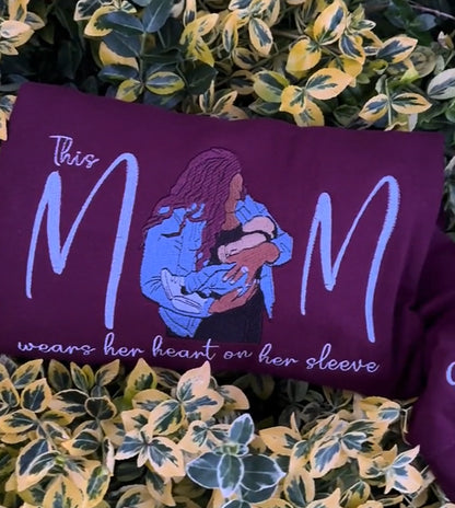 Mom Wears Her Heart On Her Sleeve Custom Photo Embroidered T-Shirt Crew Neck Hooded Sweatshirt