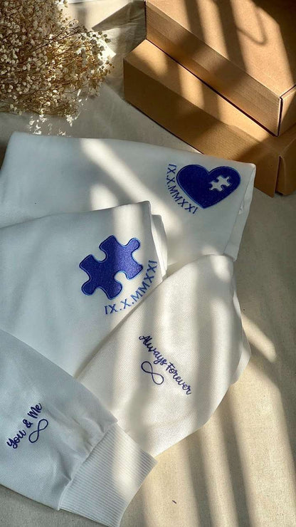 Heart and Puzzle with Roman Numeral Embroidered Matching Couple Sweatshirt