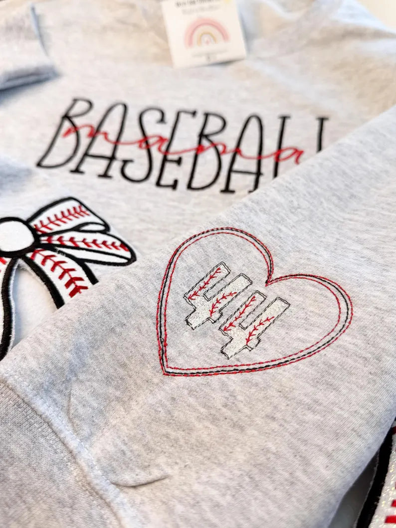 Baseball Mama Crewneck Sweatshirt with Trendy Side Bow Glitter Applique & Embroidered Sleeve, Baseball, Baseball mom, Baseball Momma, Boymom