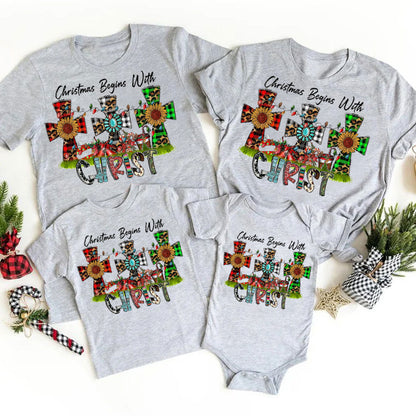 Christmas Begins with Christ Religious Christmas Family Matching Shirts