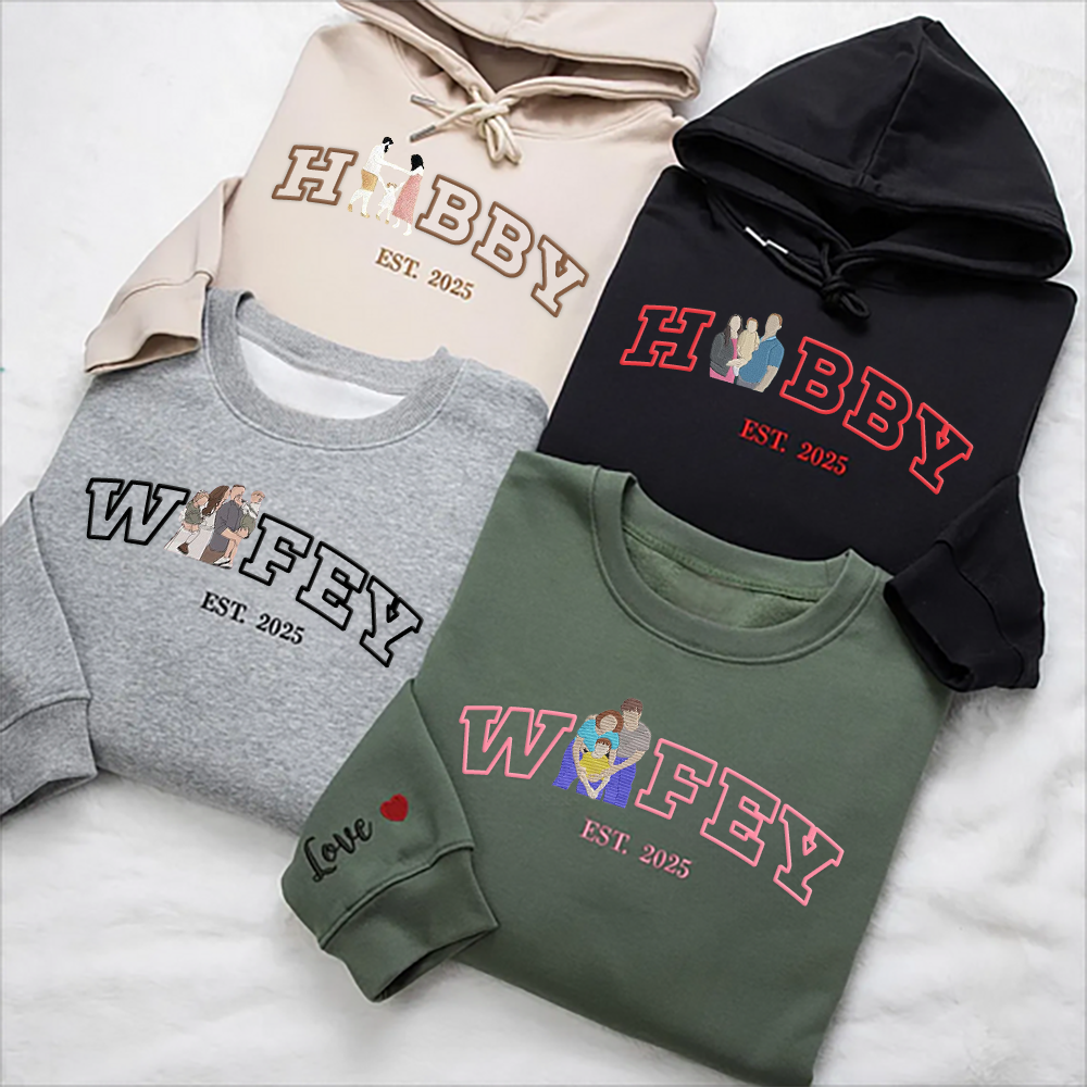 Custom Embroidered Couple Portrait Sweater, Personalised Hubby Wifey Matching Sweatshirt, Gifts for Family