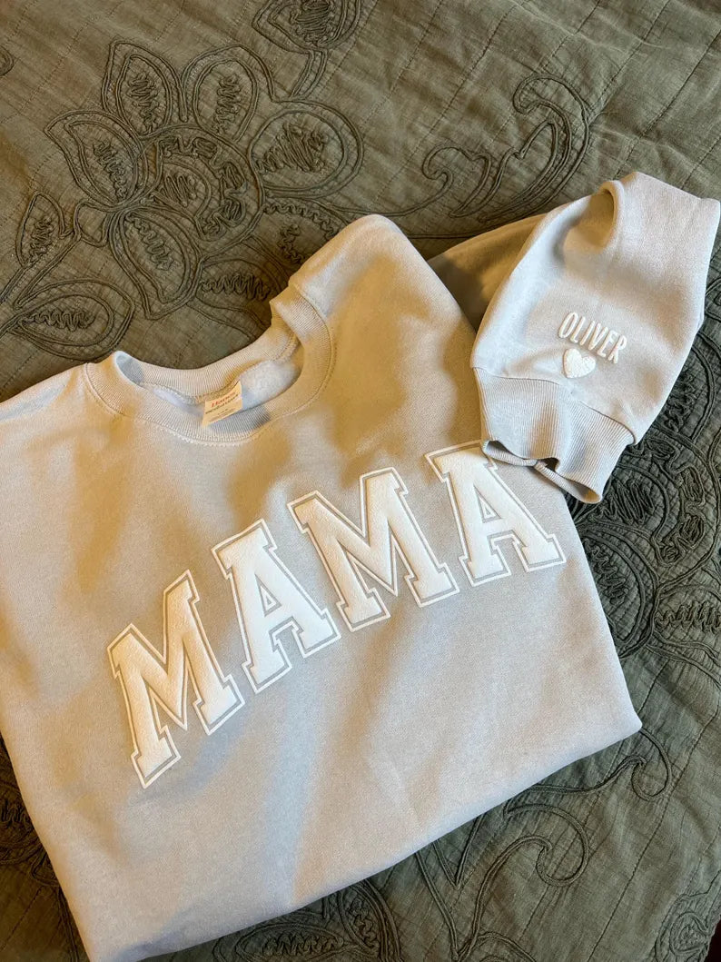 Mama Sweatshirt with Puff Lettering, Personalized Kid Names on Sleeve, Mama Sweater, Cute Gift for Mama