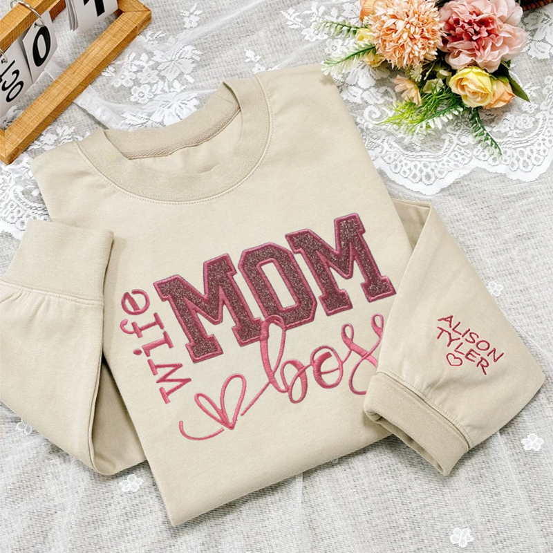 Custom Mom Wife & Boss Glitter Applique Embroidered Sweatshirt