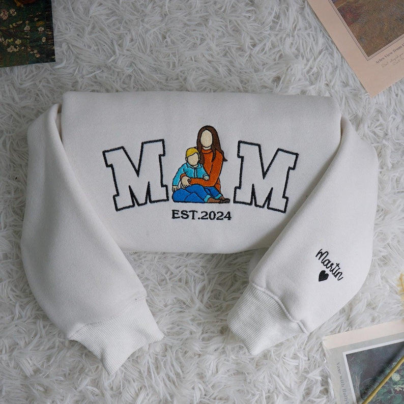 Mama Sweatshirt with Photo, Custom Embroidered Hoodie Mama and Kids Portrait, Varsity Shirt