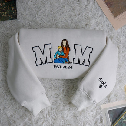 Mama Sweatshirt with Photo, Custom Embroidered Hoodie Mama and Kids Portrait, Varsity Shirt