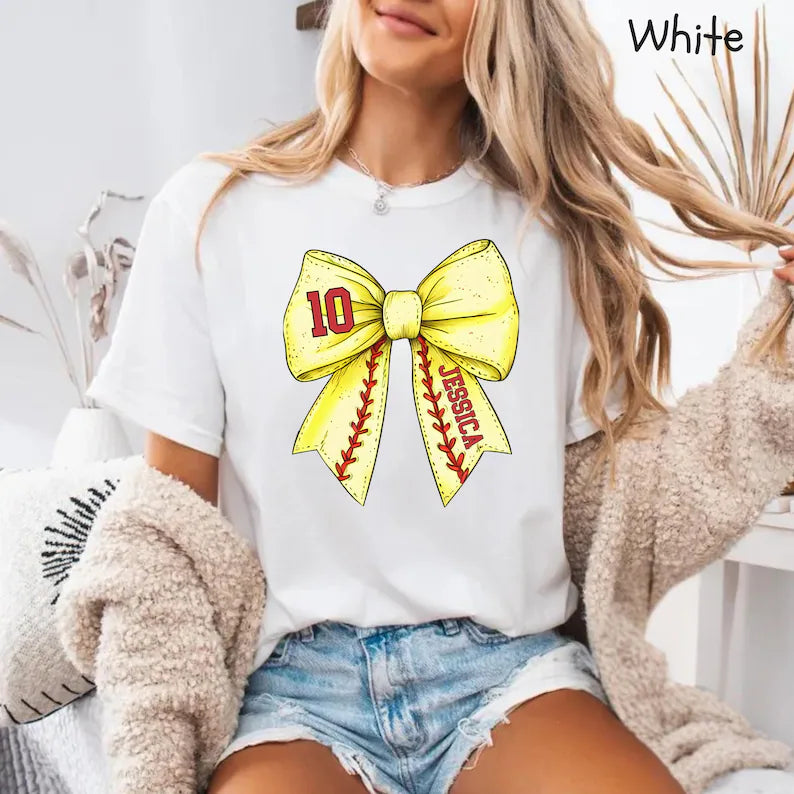 Custom Sport Bow Shirt, Baseball Softball Mom Shirt With Kids Name & Jersey Number