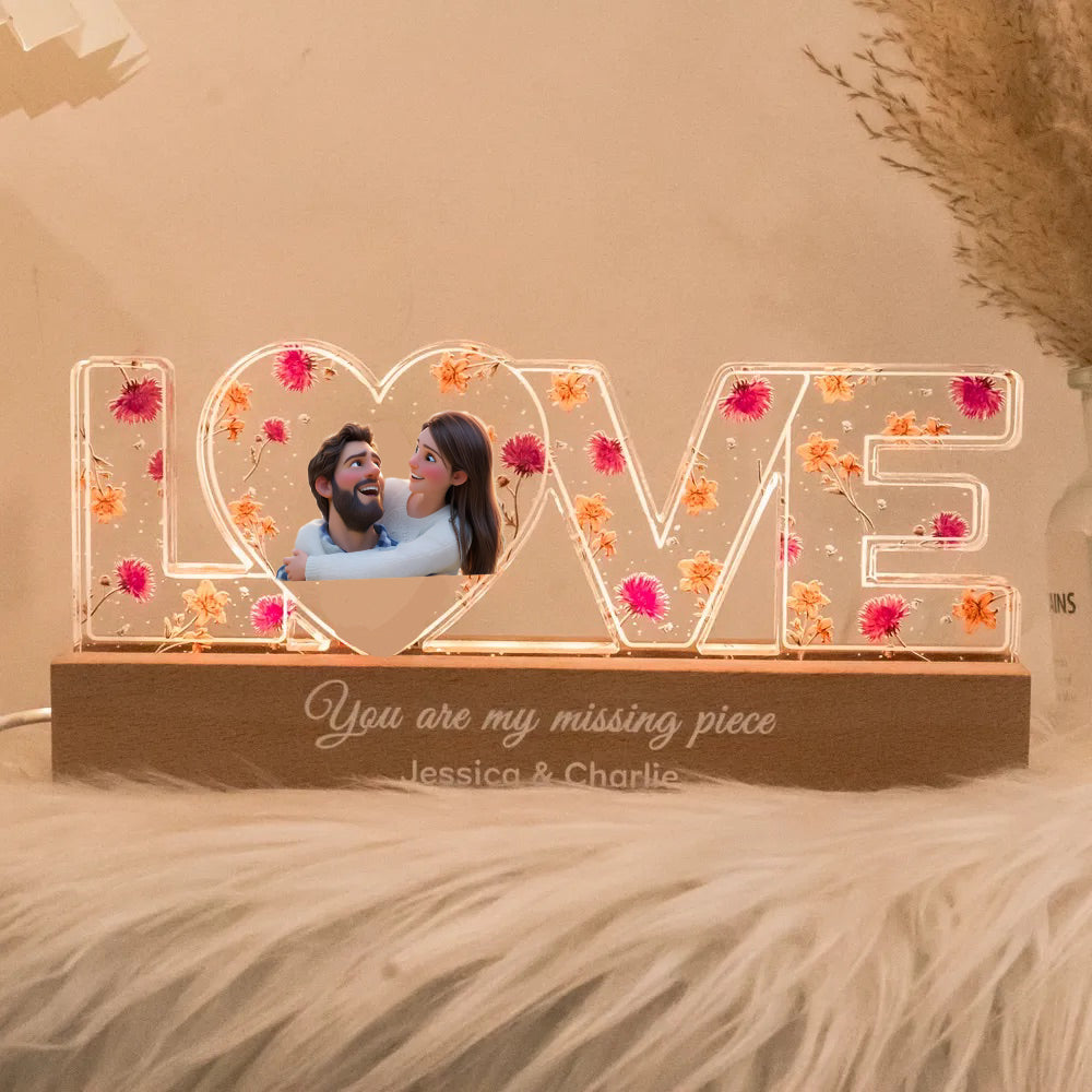 Couple Romantic Love Custom Flower Cartoon Portrait LED Night Light, Birth Month Flower, Thoughtful Valentine's Day Gift for her, Gift for him