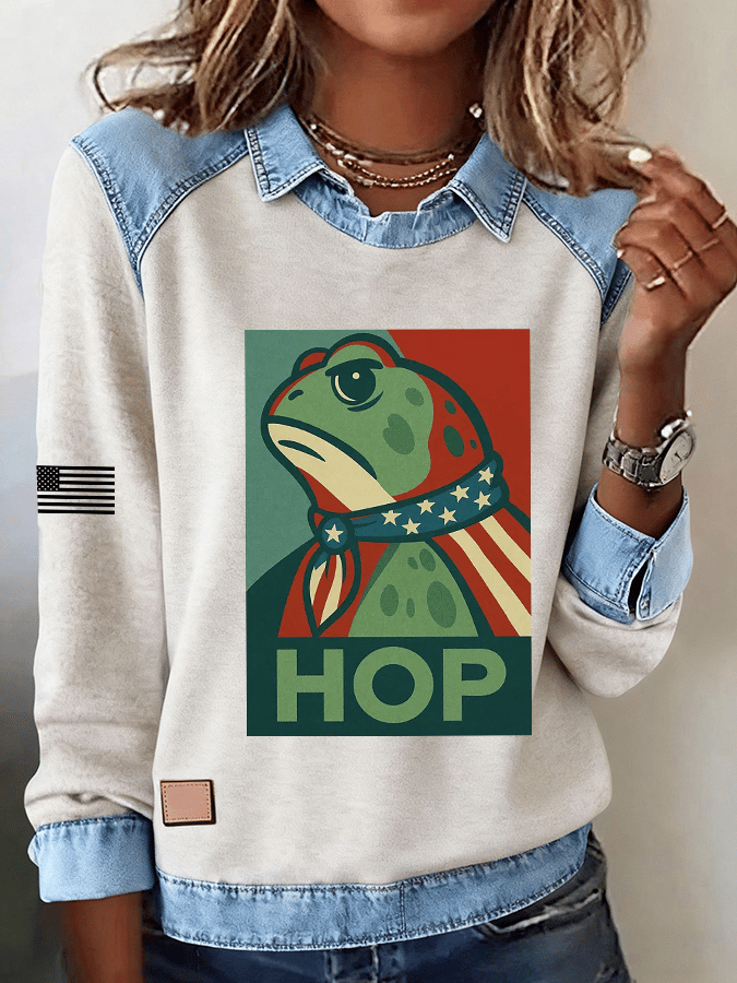 🔥Buy 3 Get 15% Off🔥Women's FDT Print Denim Panel Lapel Long Sleeve Sweatshirt