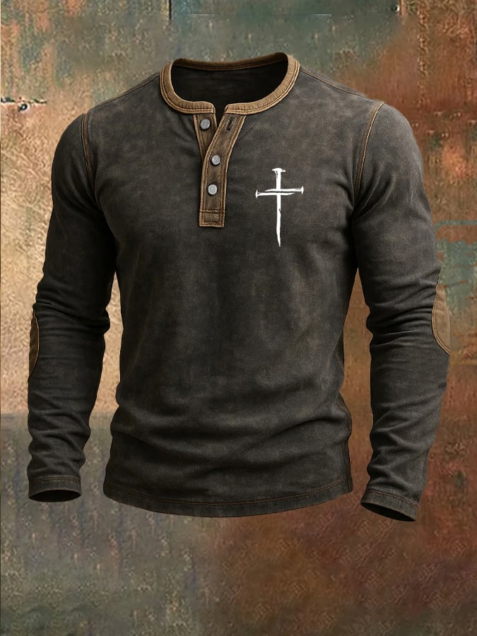 Men's Vintage Faith Cross Print Henley Collar Shirt