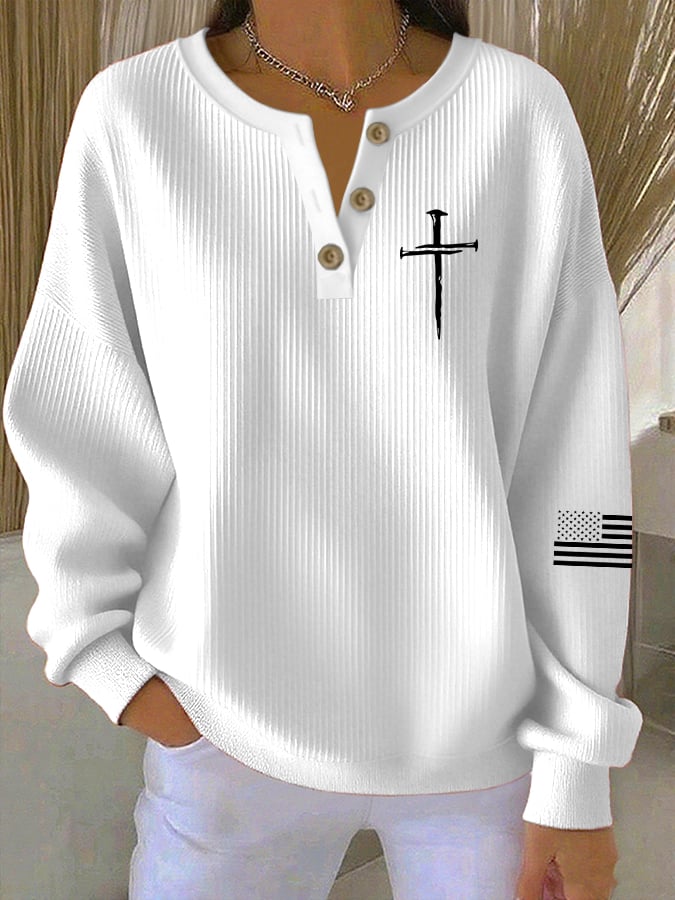 Women's Vintage Faith Cross Print Knitted Crew Neck Long Sleeve Top