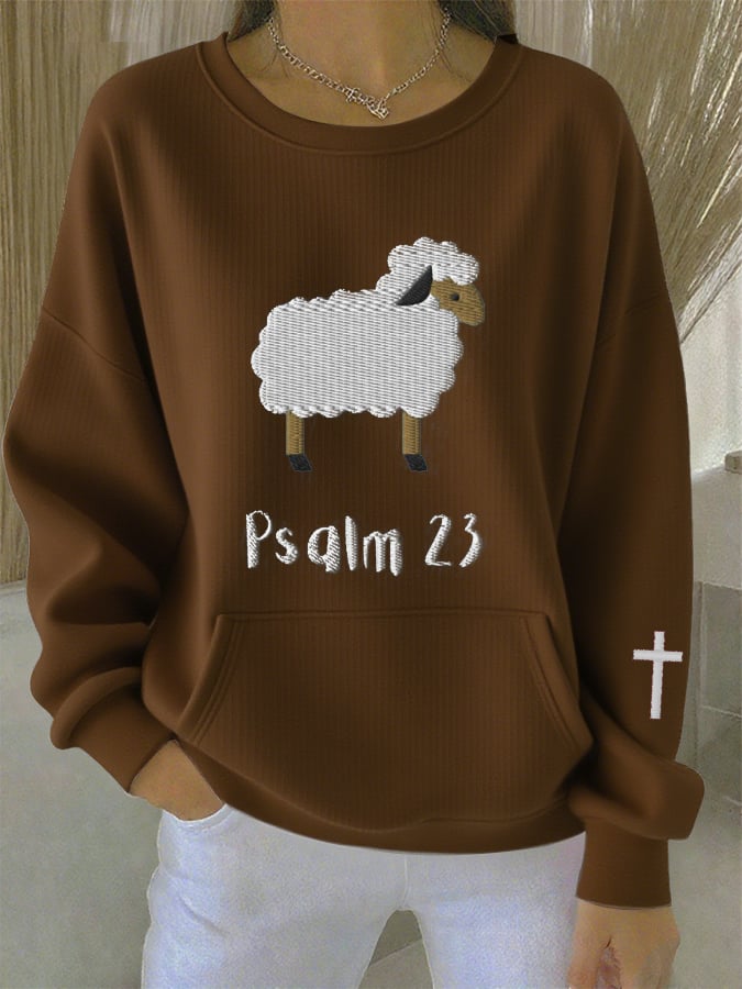 Women's Autumn Book of Songs No. 23 Little Lamb Print Casual Crew Neck Top