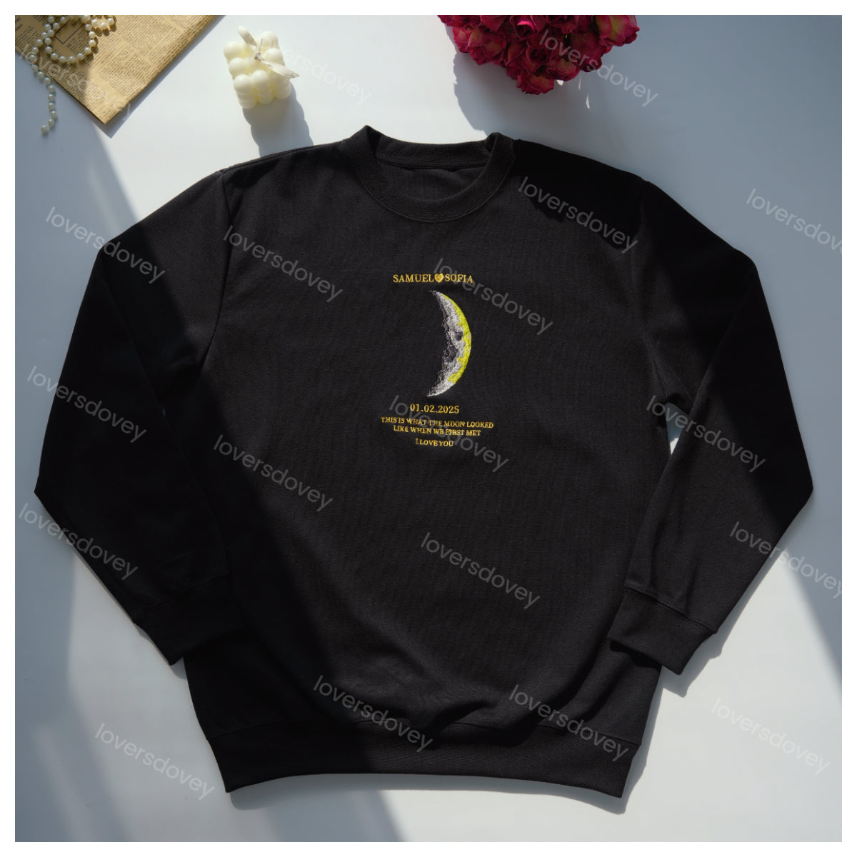 Loversdovey For Couples - Custom Couple Art Embroidered Sweatshirt/ REAL MOON PHASE