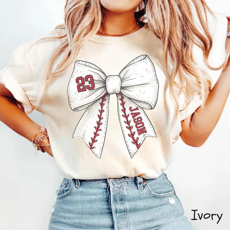 Custom Sport Bow Shirt, Baseball Softball Mom Shirt With Kids Name & Jersey Number