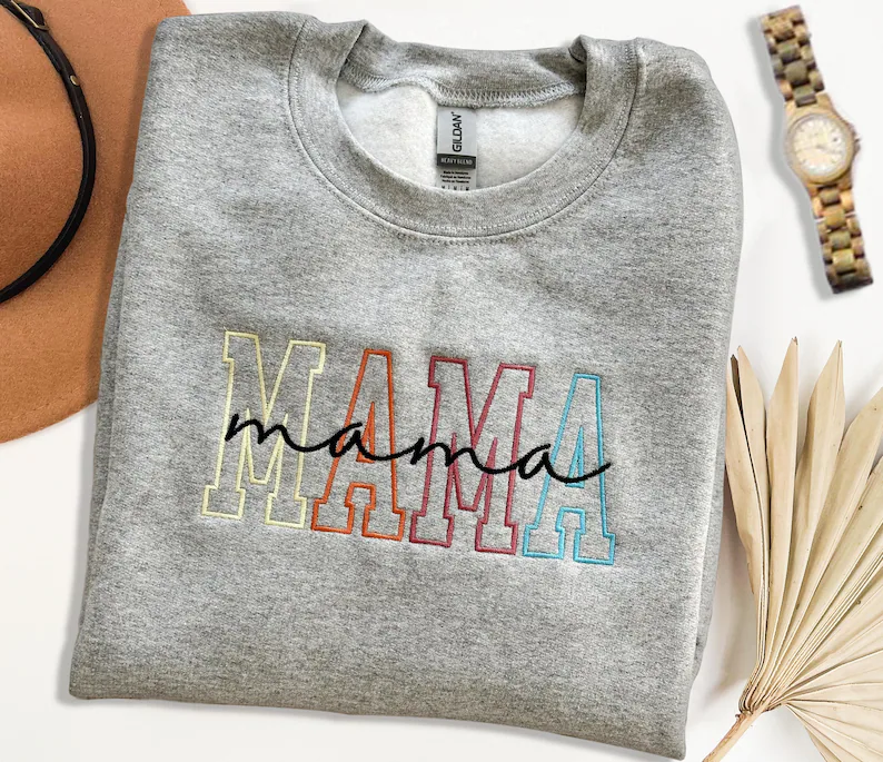 Embroidered MAMA Sweatshirt - Personalized Gift for Mom -Colorful Outline Stitch Crewneck-Cozy Mother's Day Sweatshirt