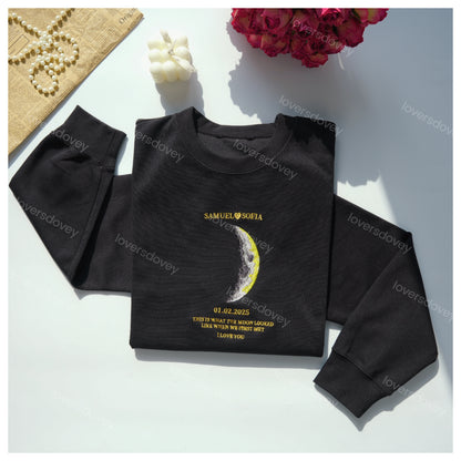 Loversdovey For Couples - Custom Couple Art Embroidered Sweatshirt/ REAL MOON PHASE
