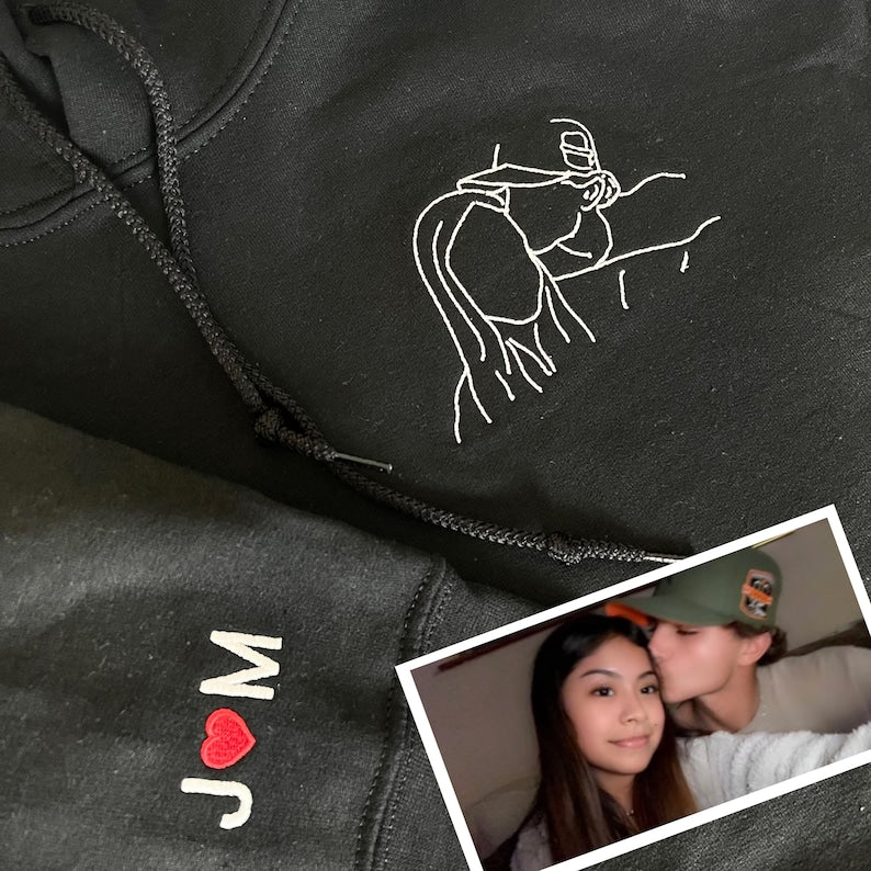 Custom Outline Embroidered Portrait from Photo-Matching Couple Hoodie