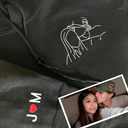 Custom Outline Embroidered Portrait from Photo-Matching Couple Hoodie