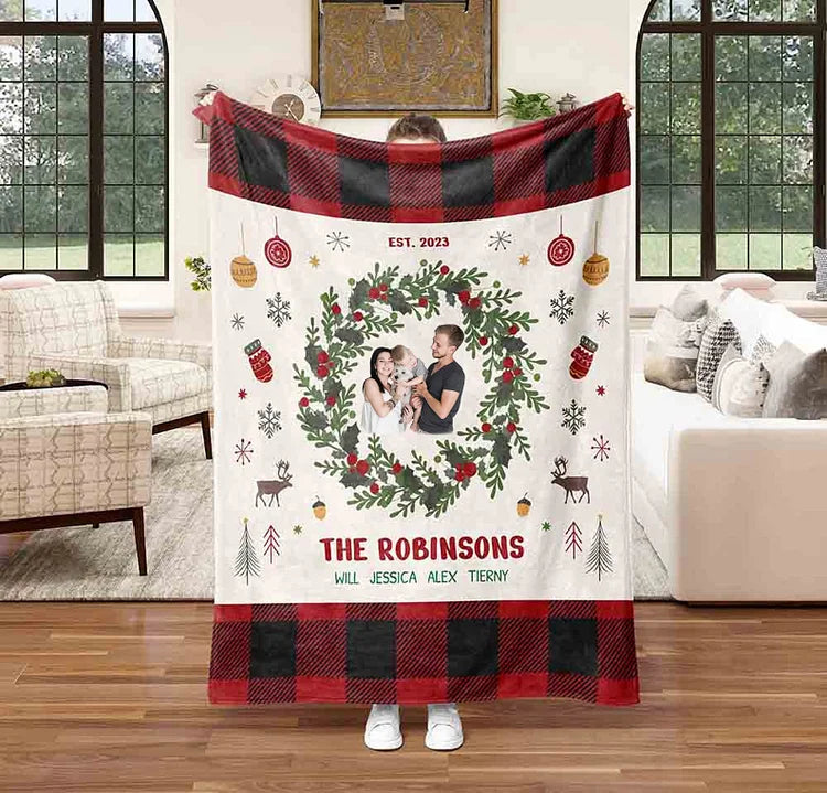 Personalized Holiday Blanket for Family, Custom Christmas Blanket with Family Name and Photo