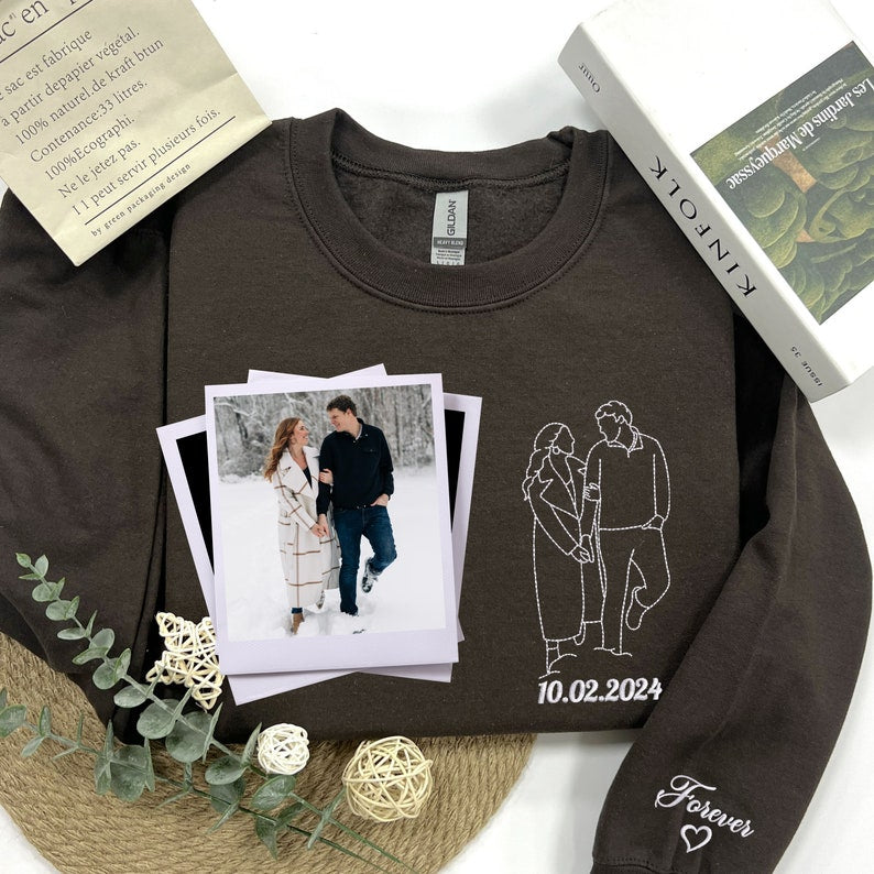Custom Outline Embroidered Portrait from Photo-Matching Couple Hoodie