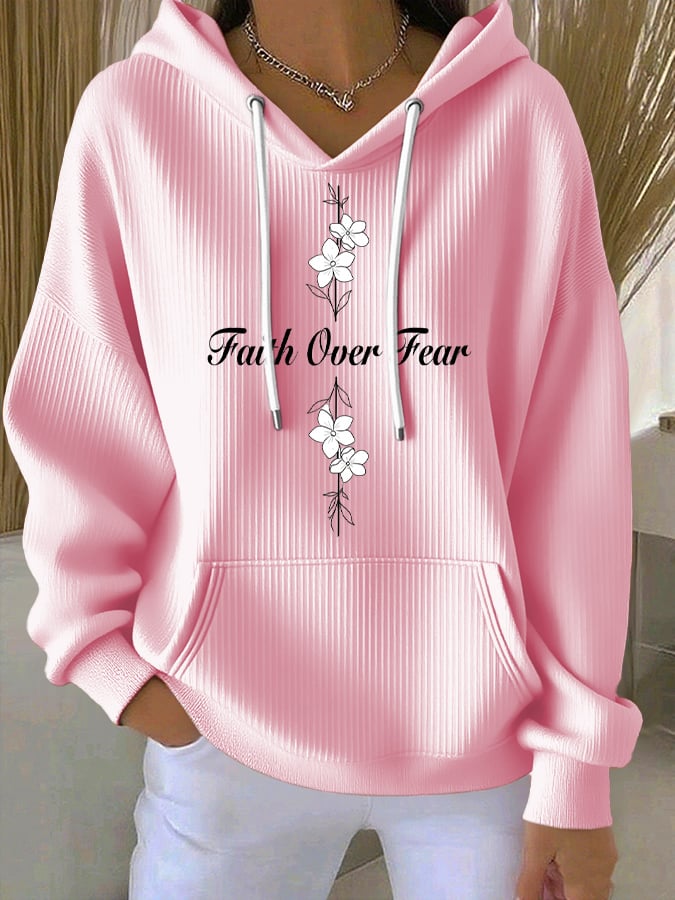 Women's Casual Faith Overcomes Fear Cross Textured Hoodie