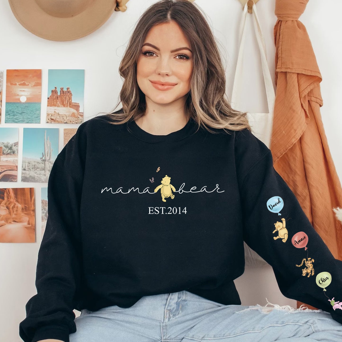 Custom Mama Bear Sweatshirt, Mama Est with Kids Names on Sleeve Sweatshirt