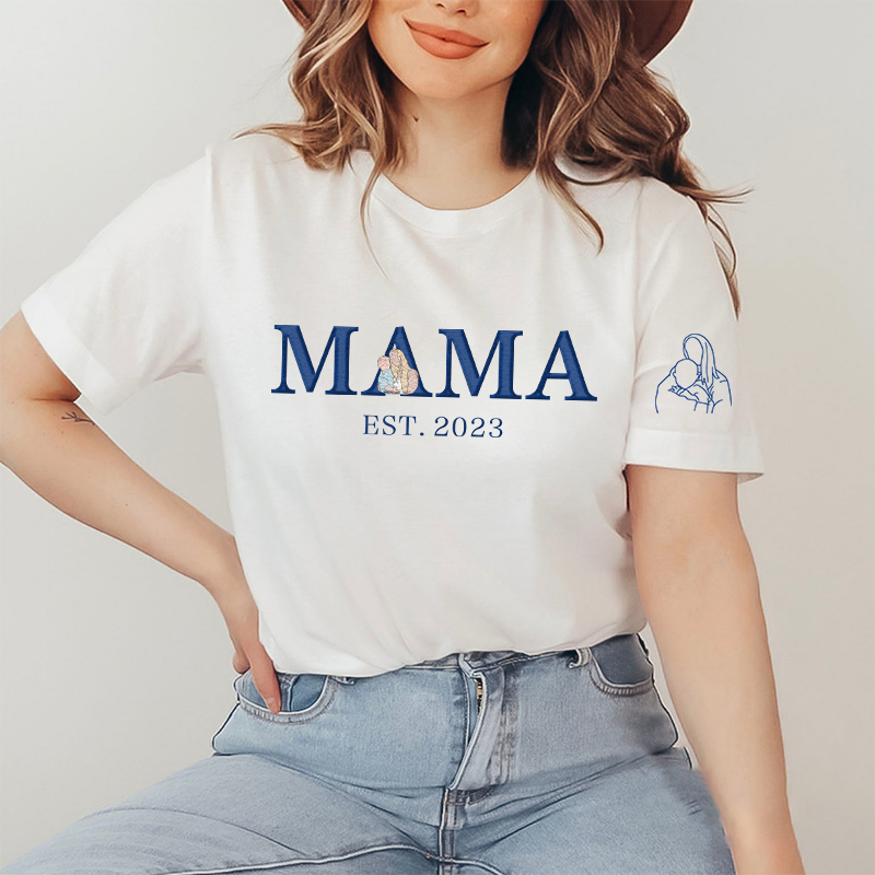 Custom Mama & Me Embroidered Sweatshirt – Personalized Family Portrait with Year & Sleeve Design for Mother’s Day
