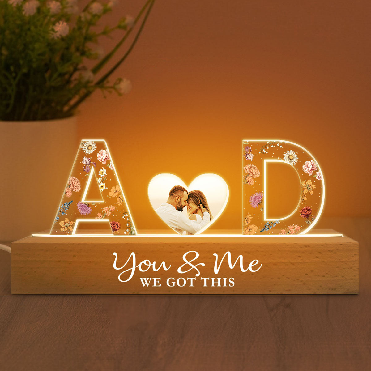 Couple Initials Floral Theme Photo Inserted Personalized Acrylic Block LED Night Light