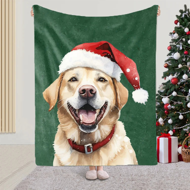 Custom Christmas Pet Portrait Blanket with Santa Hat & Snowflakes – Personalized Dog Blanket Gift