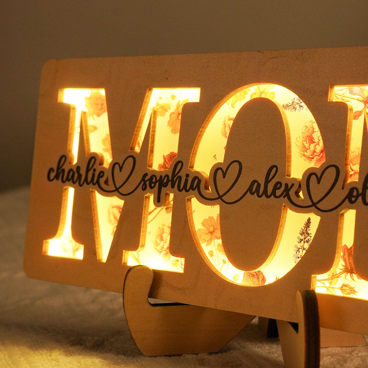 Personalized Mom Birth Month Flowers, Mother's Day Gift for Mom, Mom 2-Layer Wooden Plaque With LED