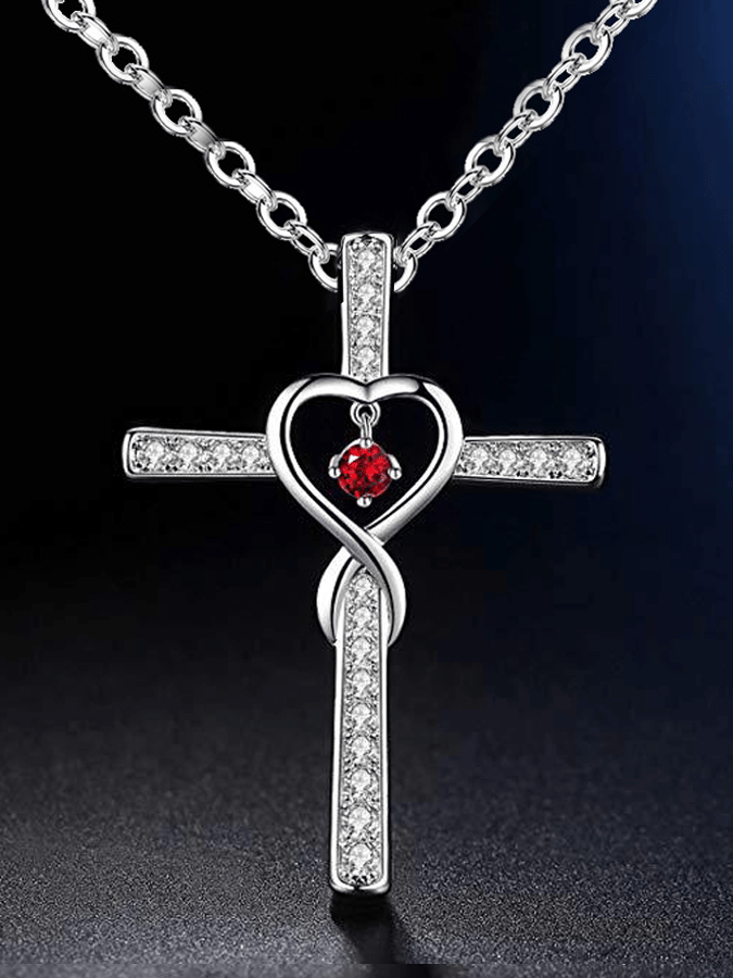 Women's Cross Encrusted Zircon Pendant Love Shaped Birthstone Necklace
