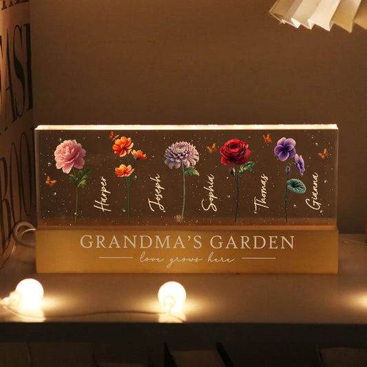 Grandma's Garden 3D Effect Birth Month Flowers Personalized Acrylic Block LED Night Light, Mother's Day Gift For Grandma, Mom