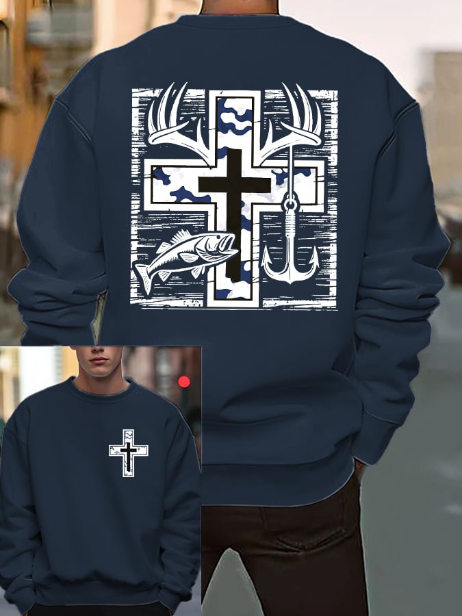 Men's Retro Faith Fishing Hunting Print Sweatshirt